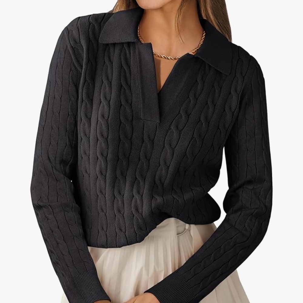 Black Cable-Knit Collared Pullover Sweater